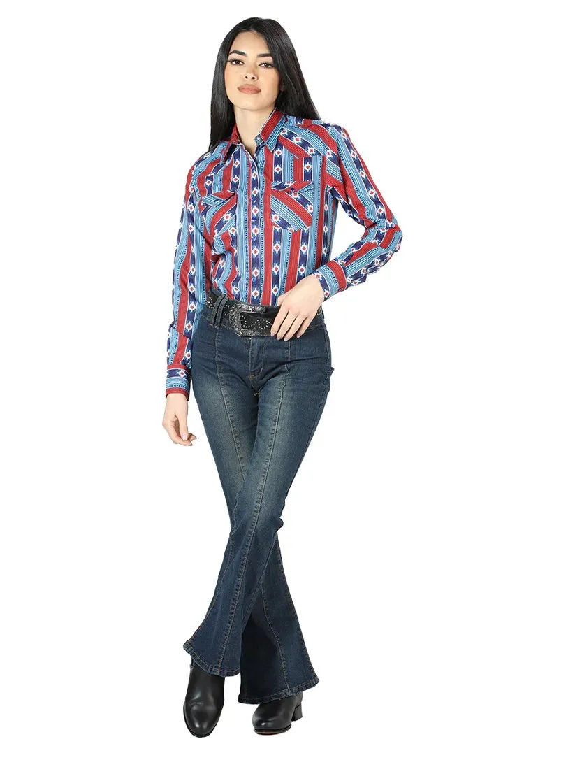 Women's Blue Print Long Sleeve Western Shirt El Señor de los Cielos