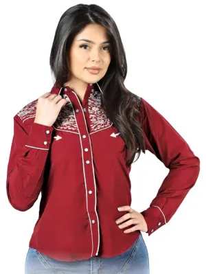 Women's Burgundy Embroidered Long Sleeve Western Shirt El Señor de los Cielos GEN-44184
