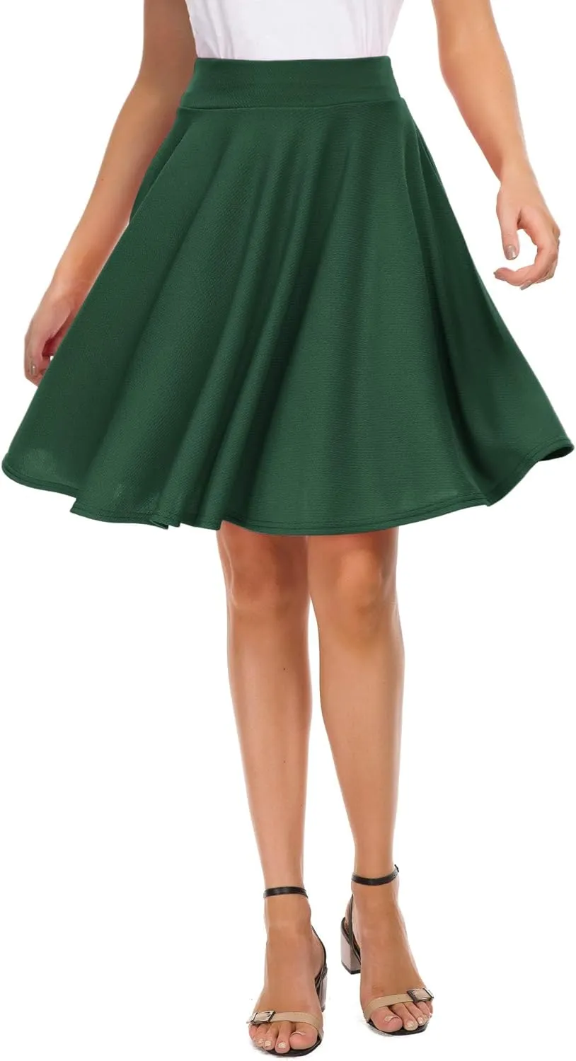 Women's Casual Stretchy Flared Mini Skater Skirt Basic A-Line Pleated Midi Skirt