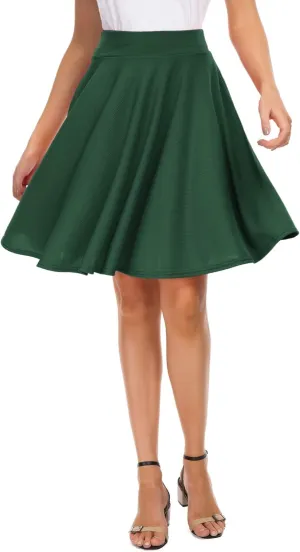 Women's Casual Stretchy Flared Mini Skater Skirt Basic A-Line Pleated Midi Skirt