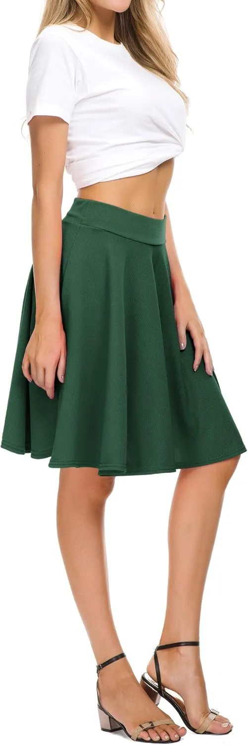 Women's Casual Stretchy Flared Mini Skater Skirt Basic A-Line Pleated Midi Skirt