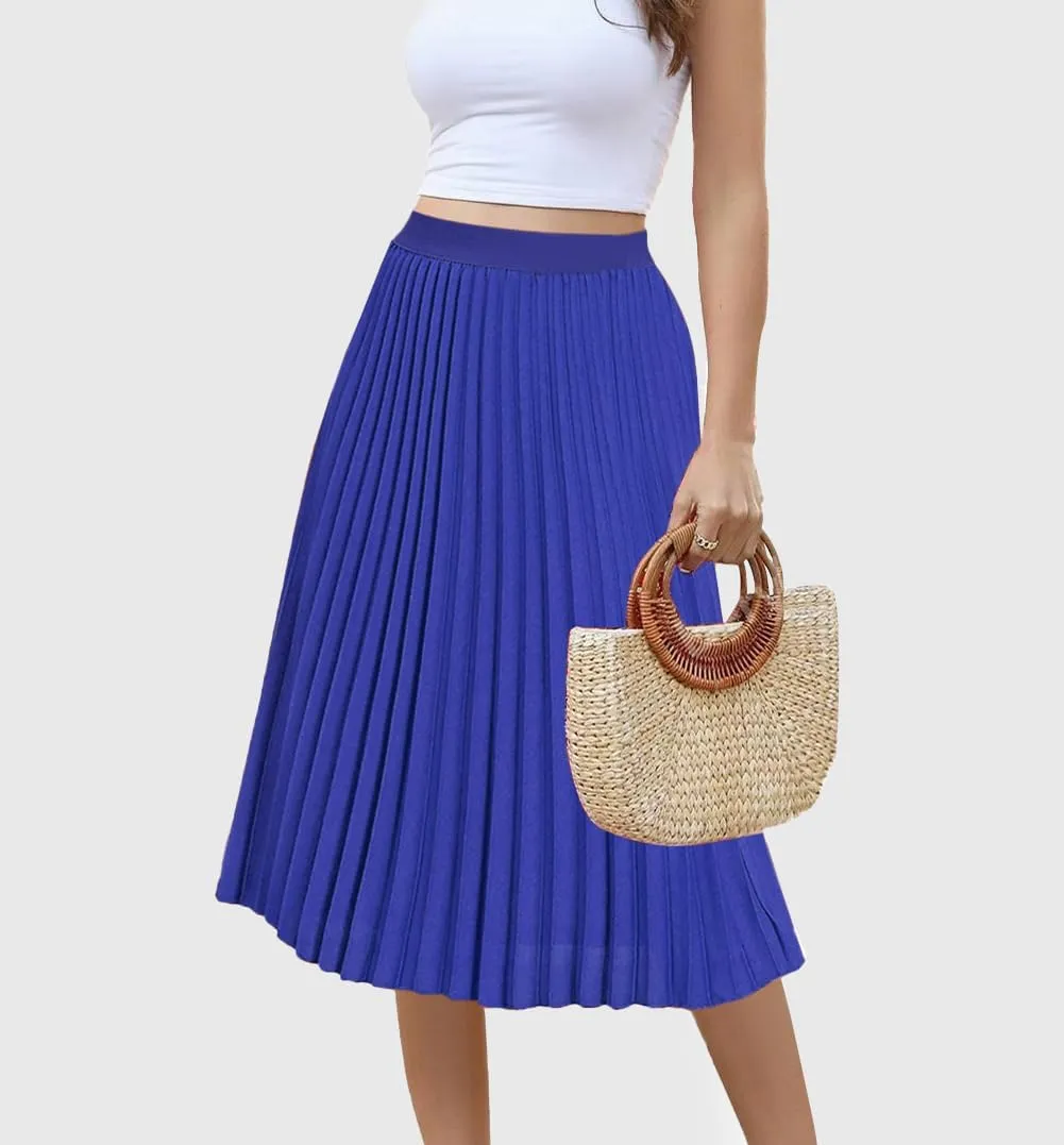 Women's Midi Skirt Elastic High Waist Pleated Skirt Knee Length Swing A-Line Casual Flowy Skirts 2025