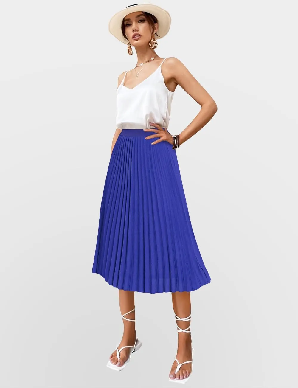 Women's Midi Skirt Elastic High Waist Pleated Skirt Knee Length Swing A-Line Casual Flowy Skirts 2025