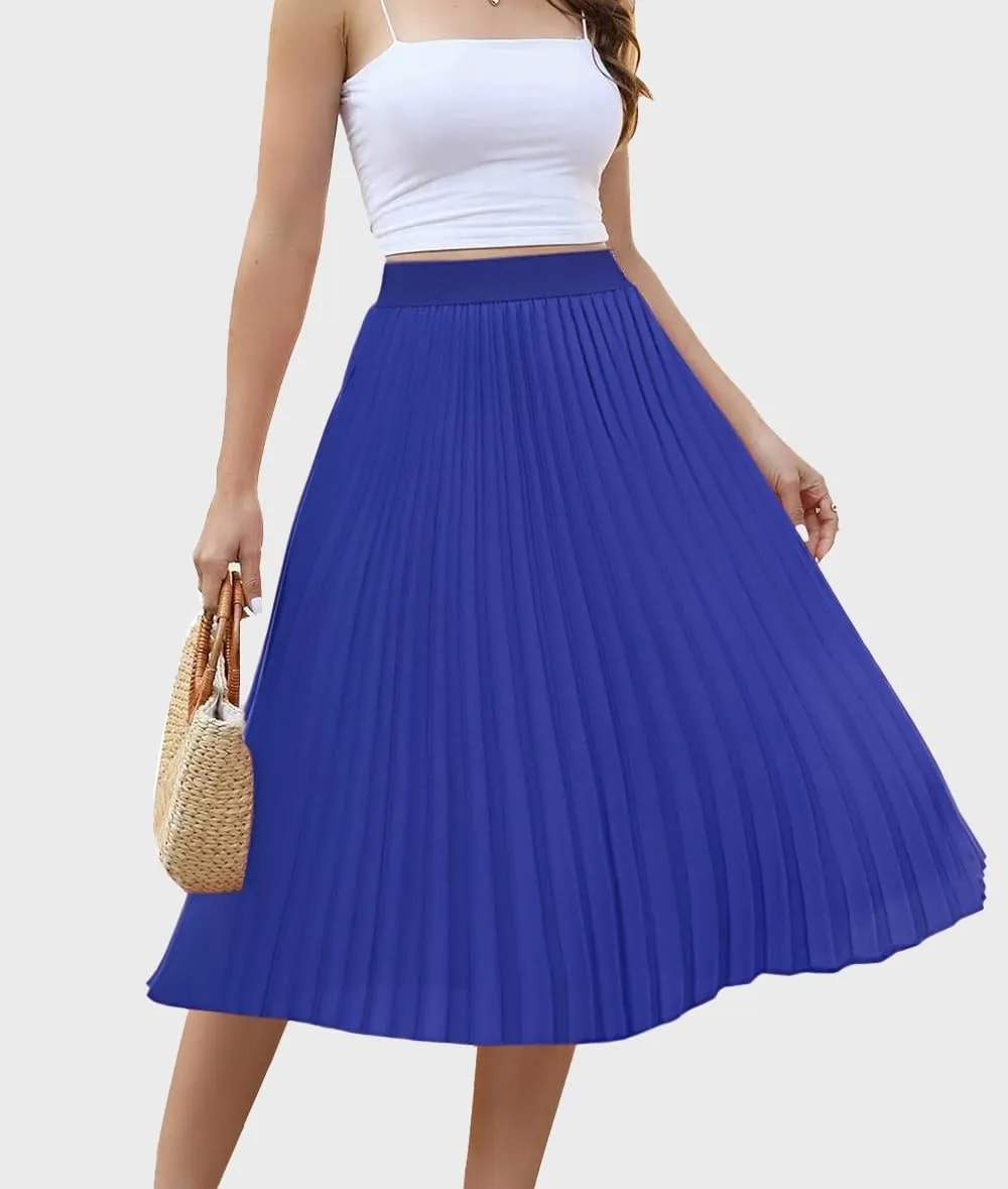 Women's Midi Skirt Elastic High Waist Pleated Skirt Knee Length Swing A-Line Casual Flowy Skirts 2025