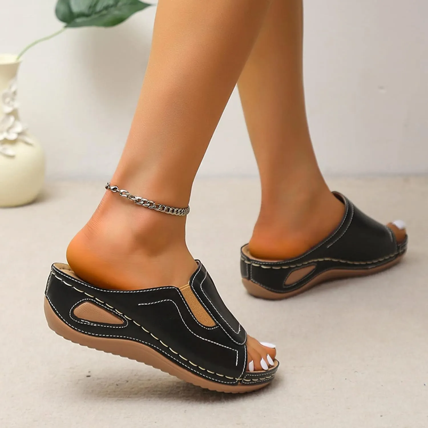 Womens Wedge Sandals Orthotic Comfort Walking Slides Platform Shoes Open Toe Slip On Summer Slippers with Arch Support