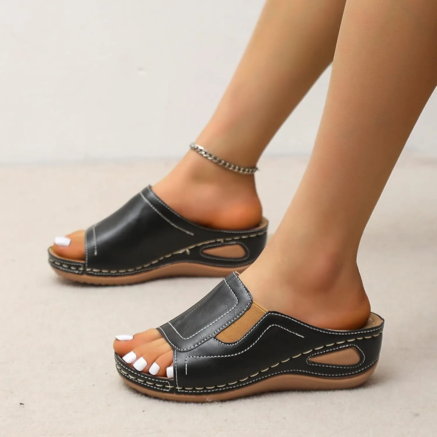 Womens Wedge Sandals Orthotic Comfort Walking Slides Platform Shoes Open Toe Slip On Summer Slippers with Arch Support
