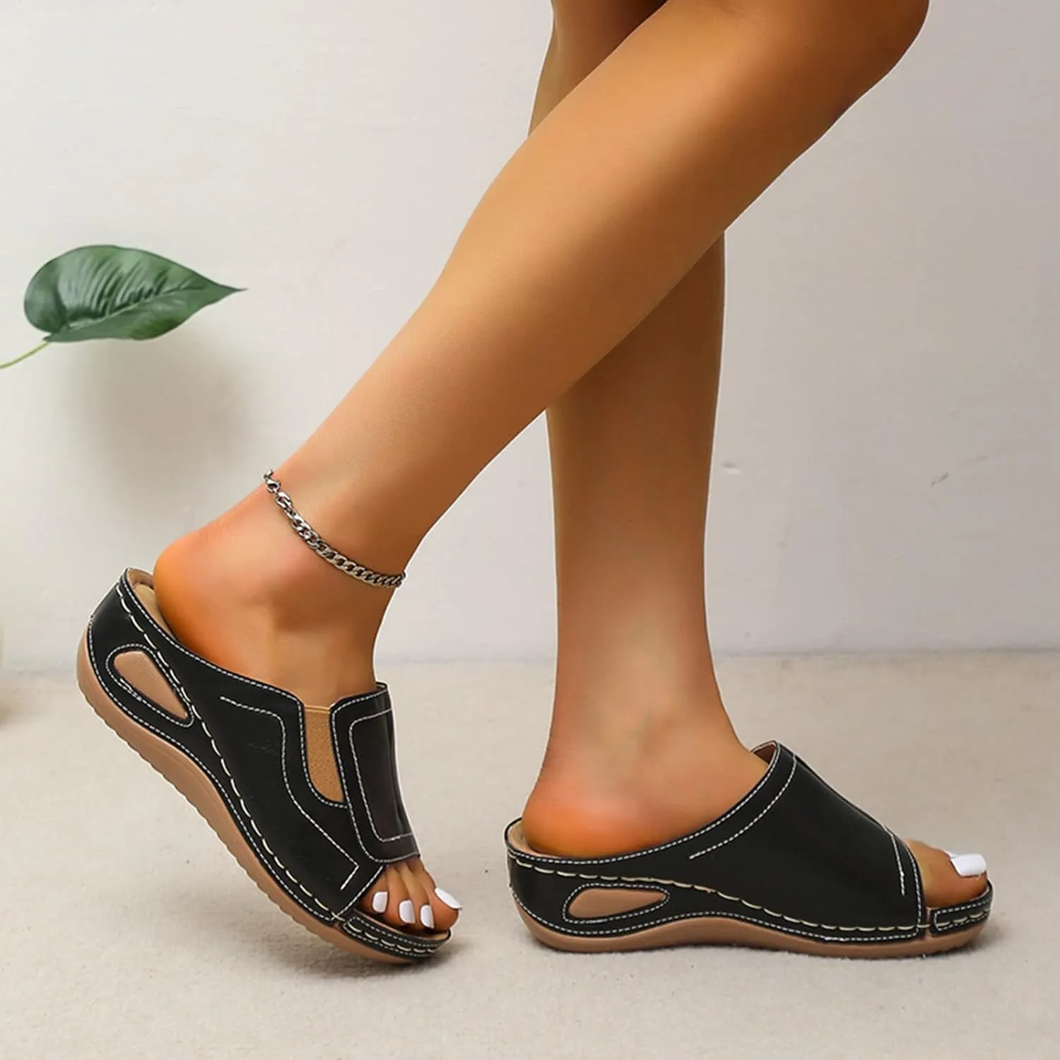 Womens Wedge Sandals Orthotic Comfort Walking Slides Platform Shoes Open Toe Slip On Summer Slippers with Arch Support