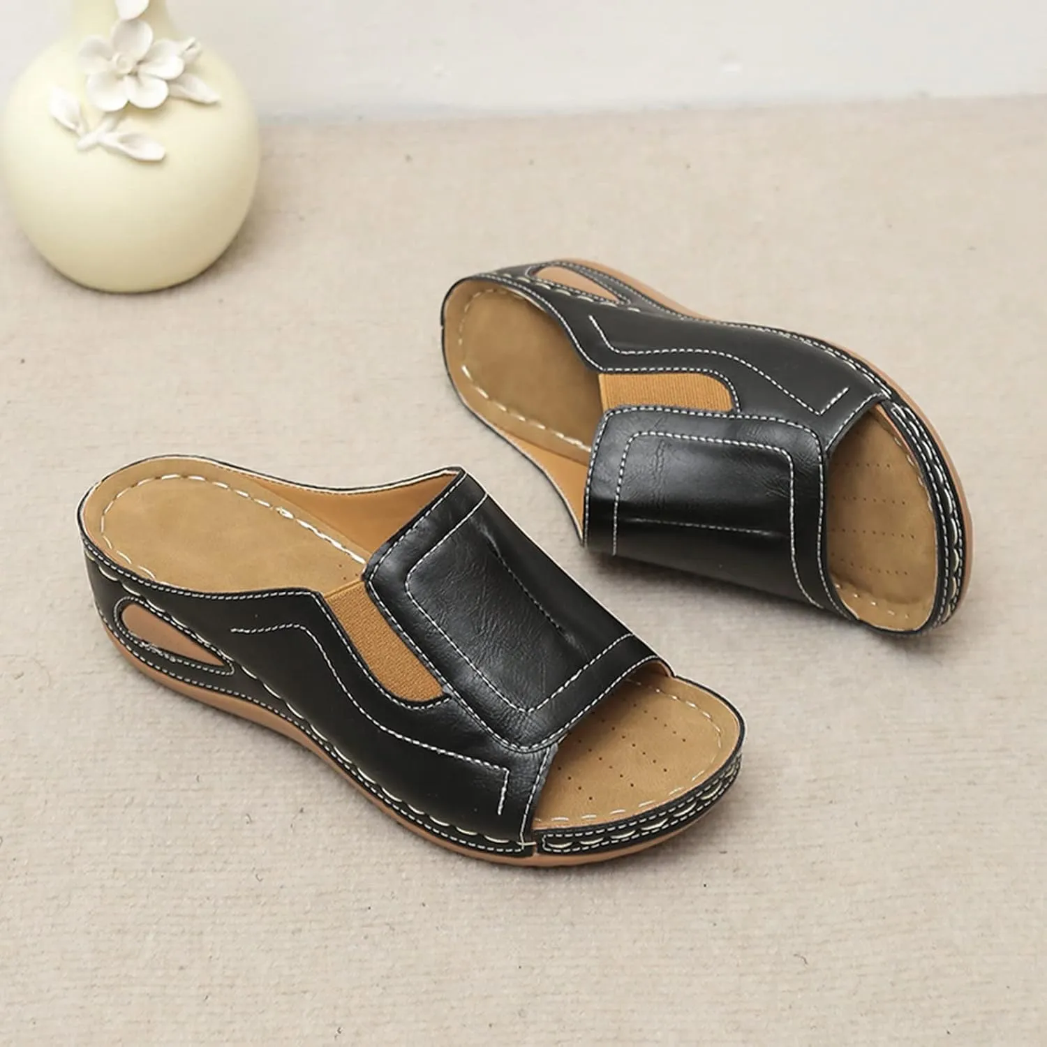 Womens Wedge Sandals Orthotic Comfort Walking Slides Platform Shoes Open Toe Slip On Summer Slippers with Arch Support